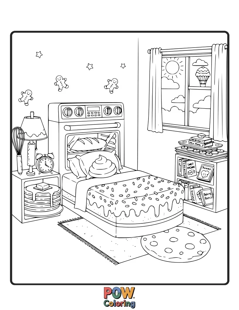 Free coloring page of Whiskers and frosting galore! This room is decorated with cheerful baking tools and sweet treats.