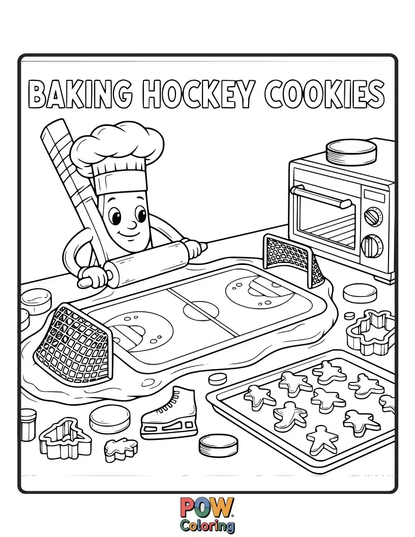 Free coloring page of A cheerful baker bear meticulously decorating hockey-themed cookies shaped like skates, pucks, and sticks with colorful frosting. Deliciously creative!