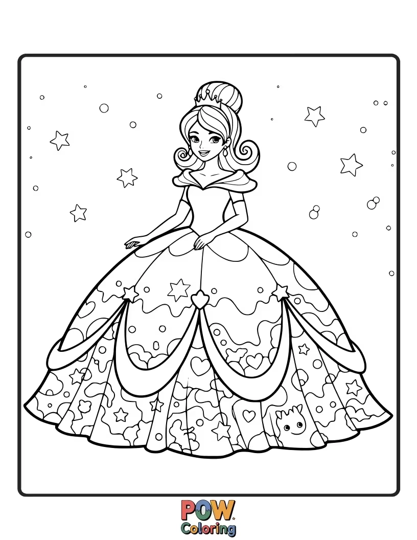 Free coloring page of A regal princess adorned in a flowing, elegant ball gown, ready for a grand dance.