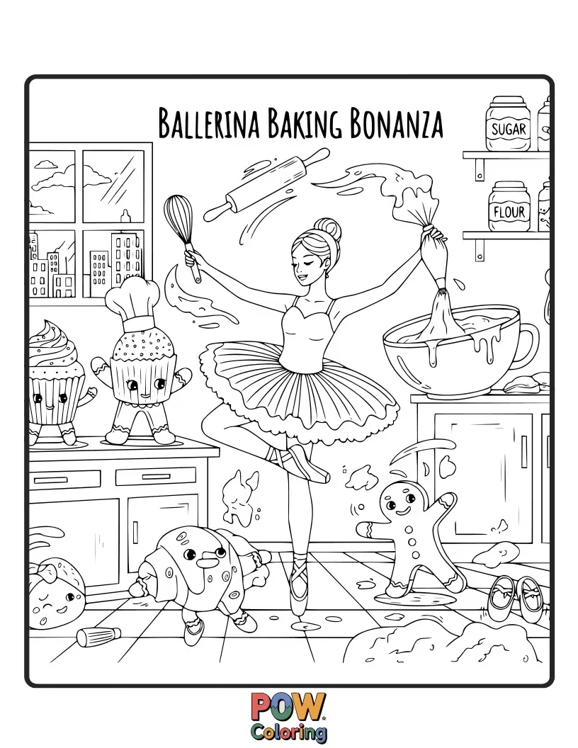 Free coloring page of A slightly messy but determined ballerina attempts to bake cookies, flour dusting her tutu and nose.