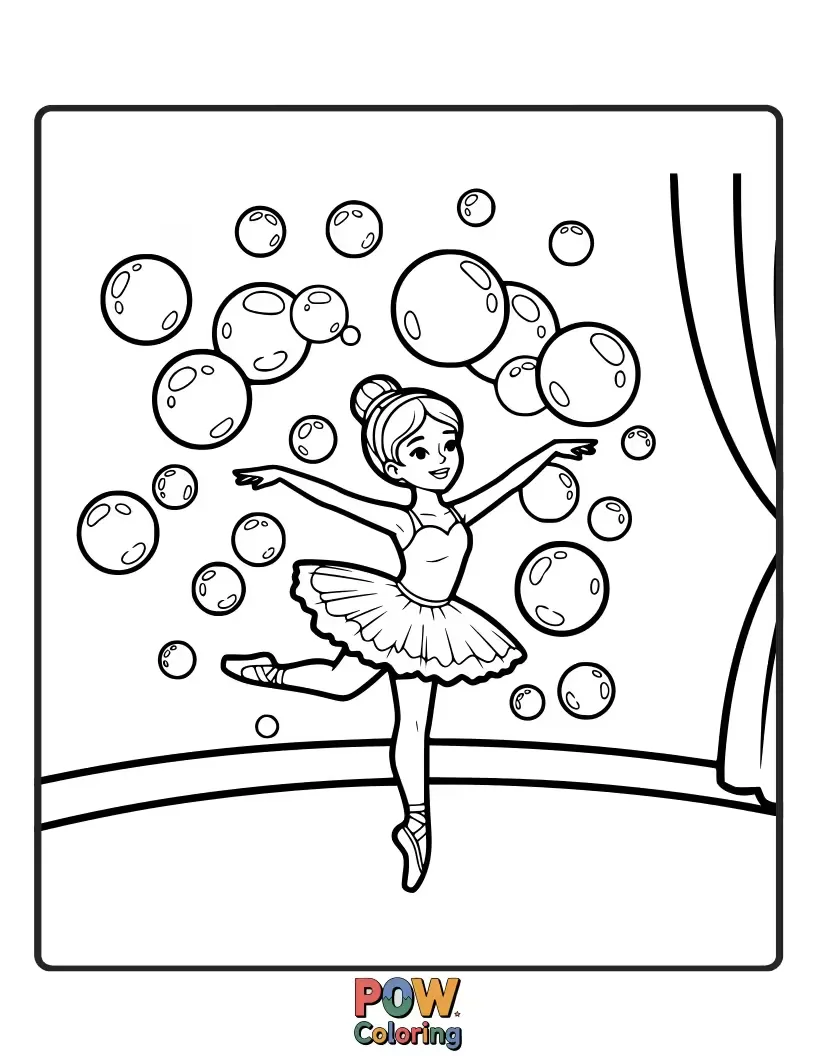 Free coloring page of A delighted ballerina chases giant, iridescent bubbles, her joyous leaps creating a whimsical, bubbly spectacle.