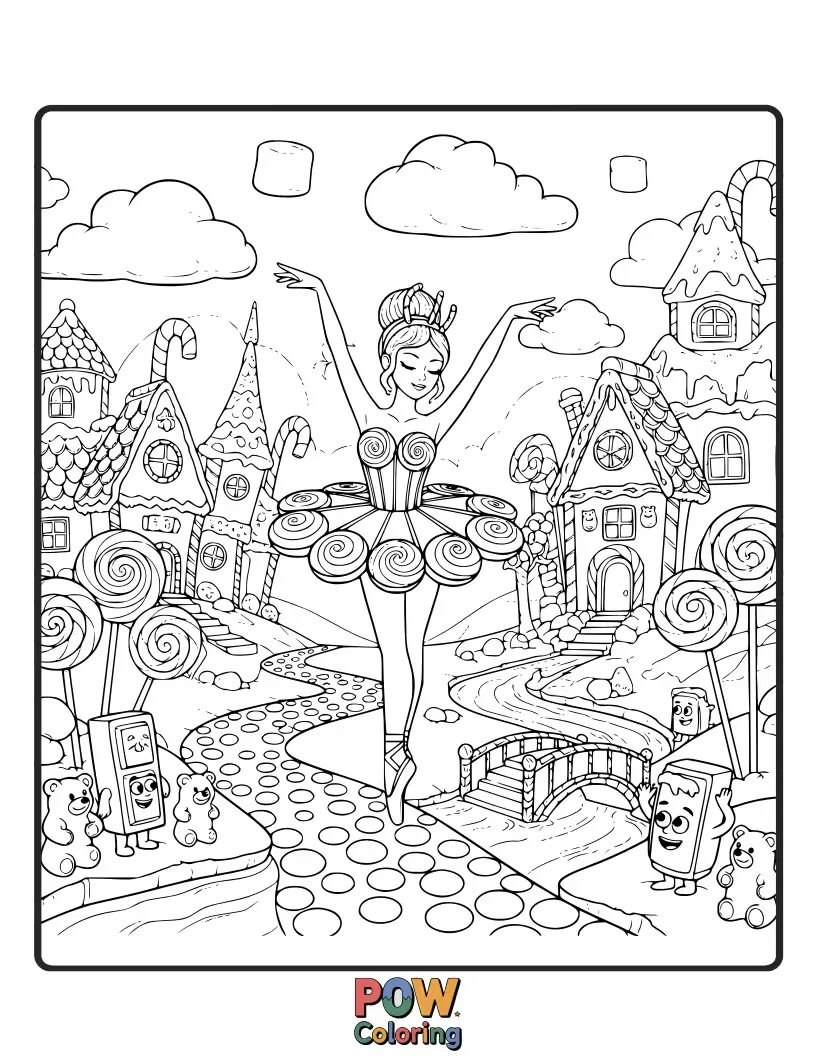 Free coloring page of A sweet ballerina dances through a whimsical land made of candy, surrounded by lollipop trees and gumdrop hills.