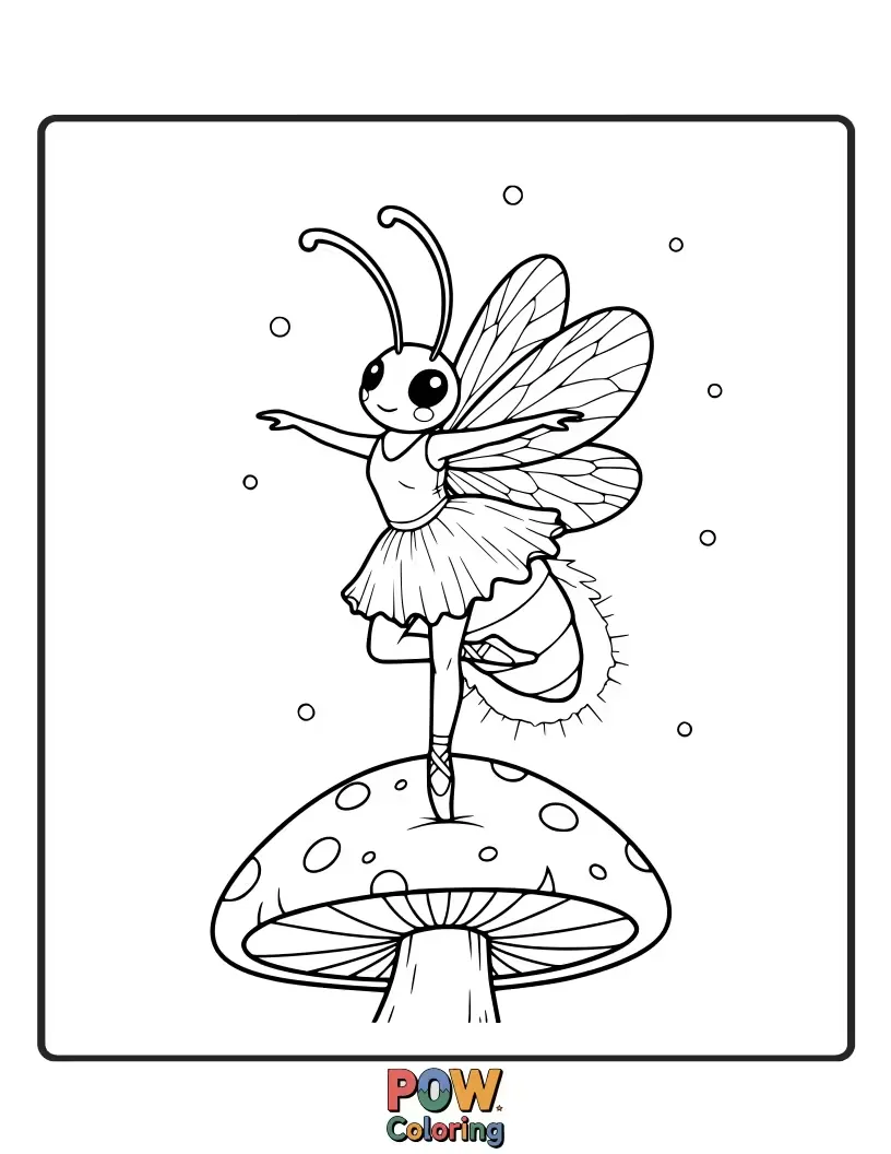 Free coloring page of A ballerina dances in a dark garden, surrounded by the gentle, twinkling lights of fireflies.