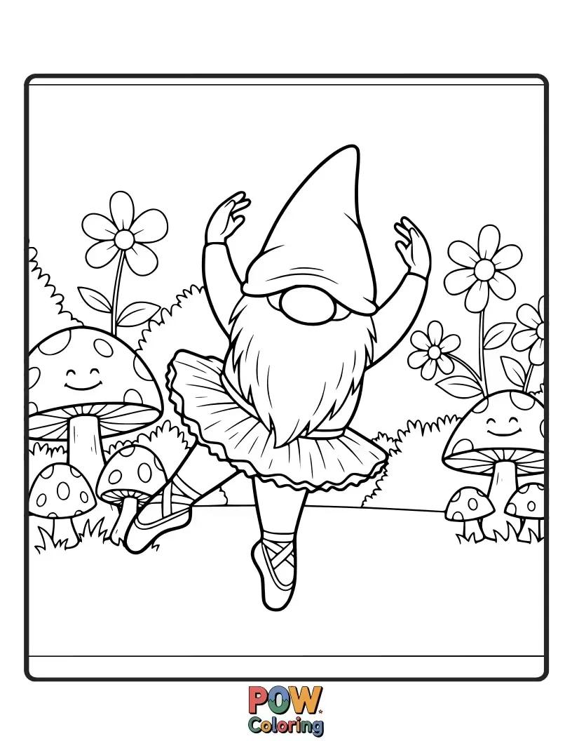 Free coloring page of A tiny ballerina pirouettes for a group of amused garden gnomes, a delightful miniature performance.