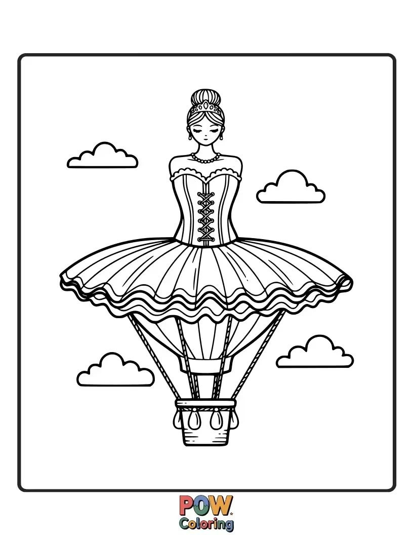 Free coloring page of A happy ballerina gracefully dances inside a hot air balloon as it floats through the sky.