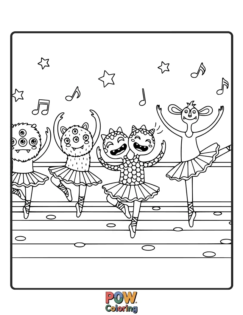 Free coloring page of A hilarious ballerina tries to teach a group of clumsy, friendly monsters how to dance.