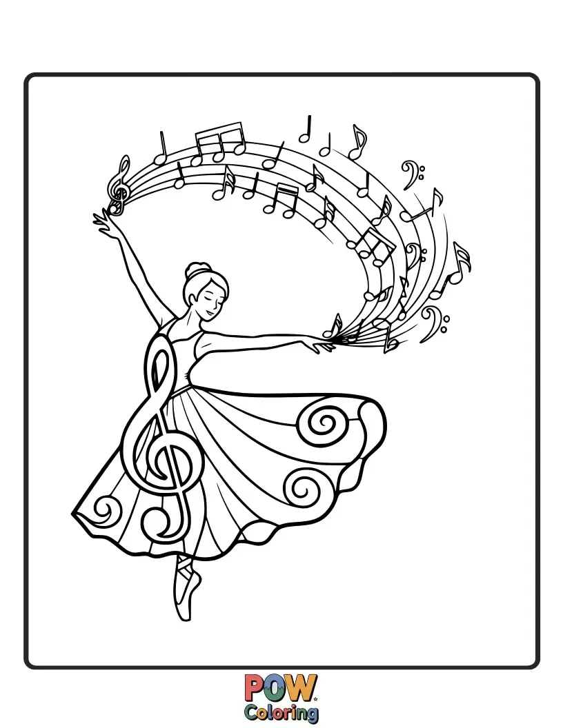 Free coloring page of A ballerina leaps and twirls amidst floating musical notes, her movements creating a visual symphony.