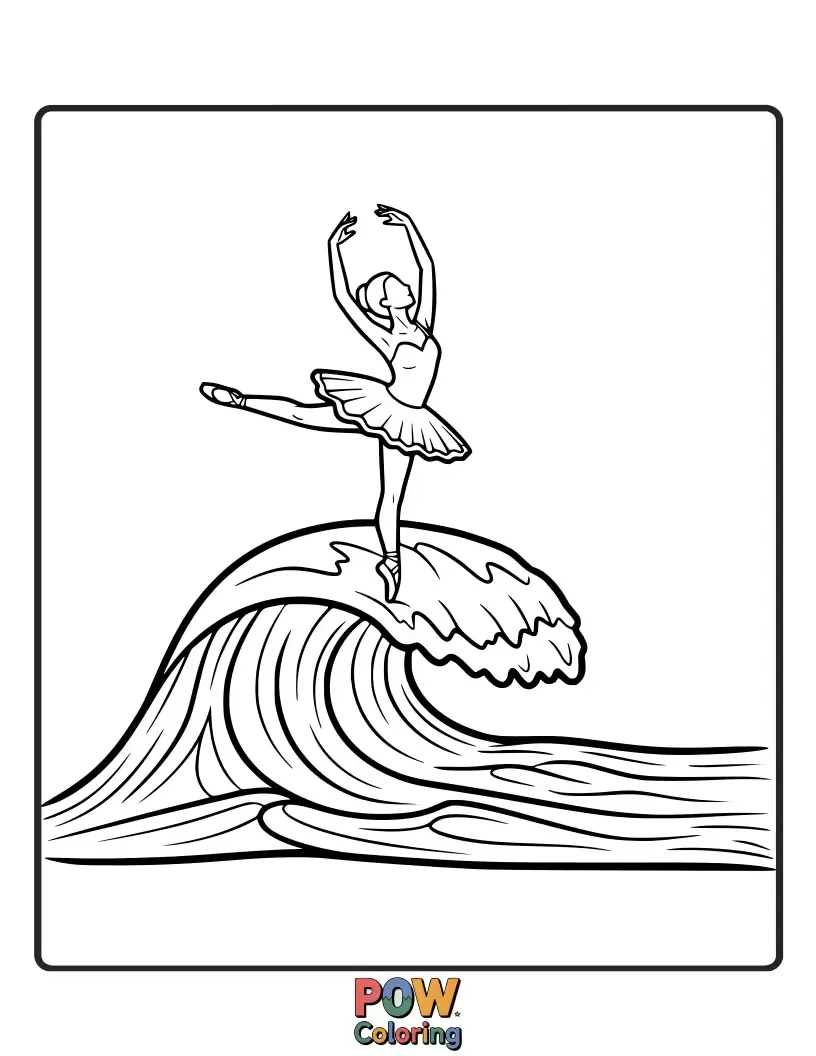 Free coloring page of A dynamic ballerina poses as if riding a powerful ocean wave, her strength and beauty combined.