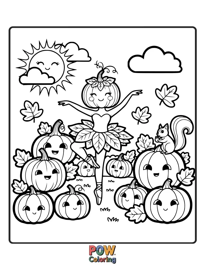 Free coloring page of A cheerful ballerina jumps among pumpkins in a patch, her vibrant tutu a splash of color.