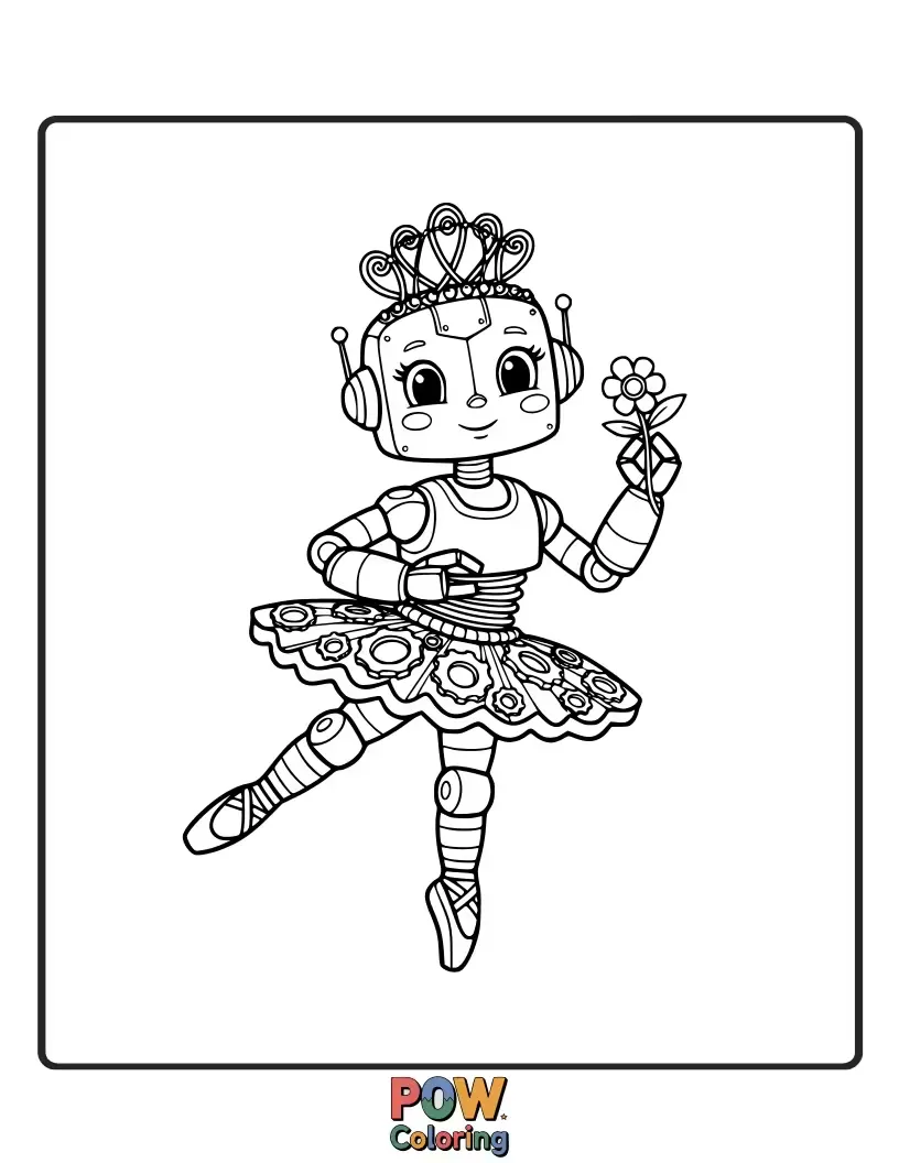 Free coloring page of A sweet ballerina befriends a quirky, steampunk-style robot who tries to mimic her graceful moves.