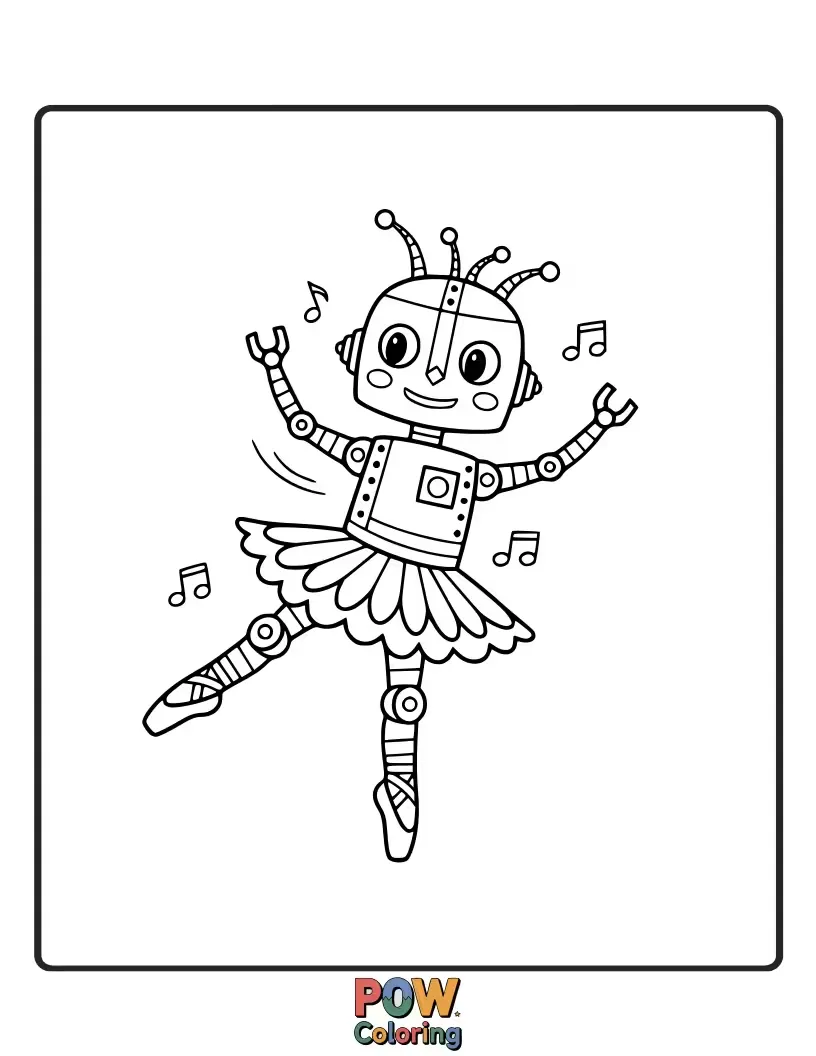 Free coloring page of A unique ballerina with mechanical joints performs a precise, synchronized dance, a fusion of grace and gears.