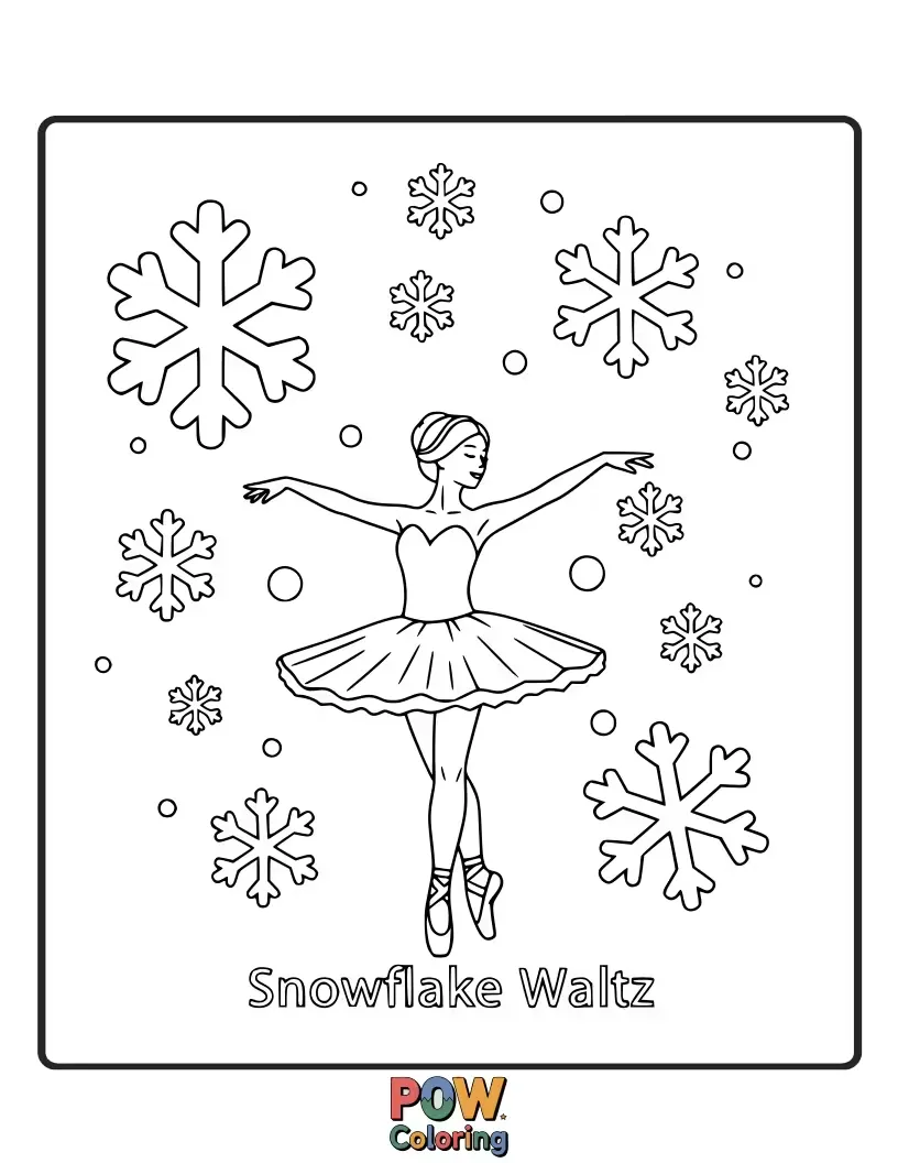 Free coloring page of A graceful ballerina glides across a frosty landscape, twirling with delicate snowflakes.