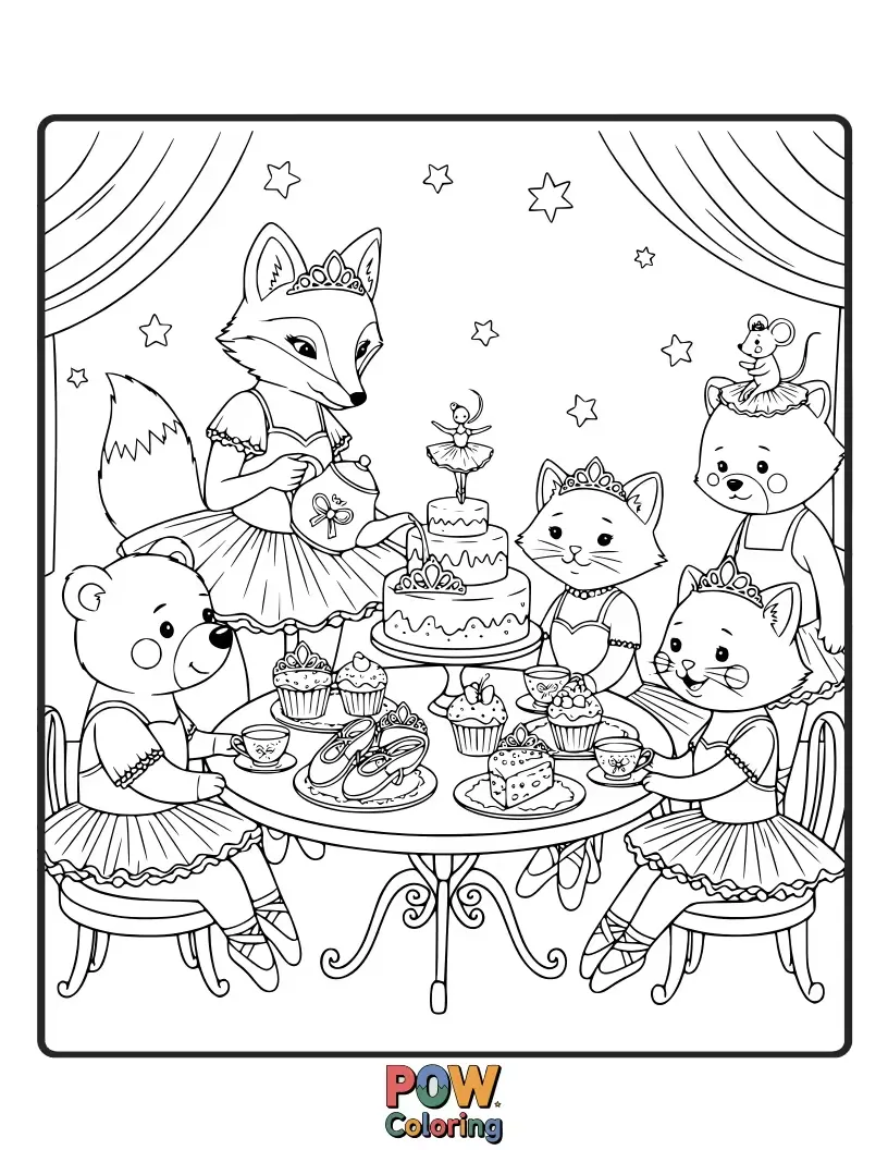 Free coloring page of A charming ballerina hosts a whimsical tea party for her stuffed animal friends, all dressed in tiny tutus.