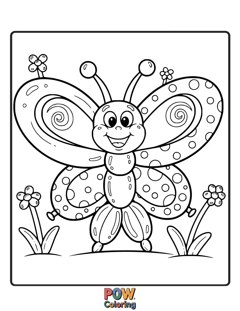 Free coloring page of A whimsical butterfly with balloon animal wings, twisted into fun shapes like a dog or a giraffe. Playful!