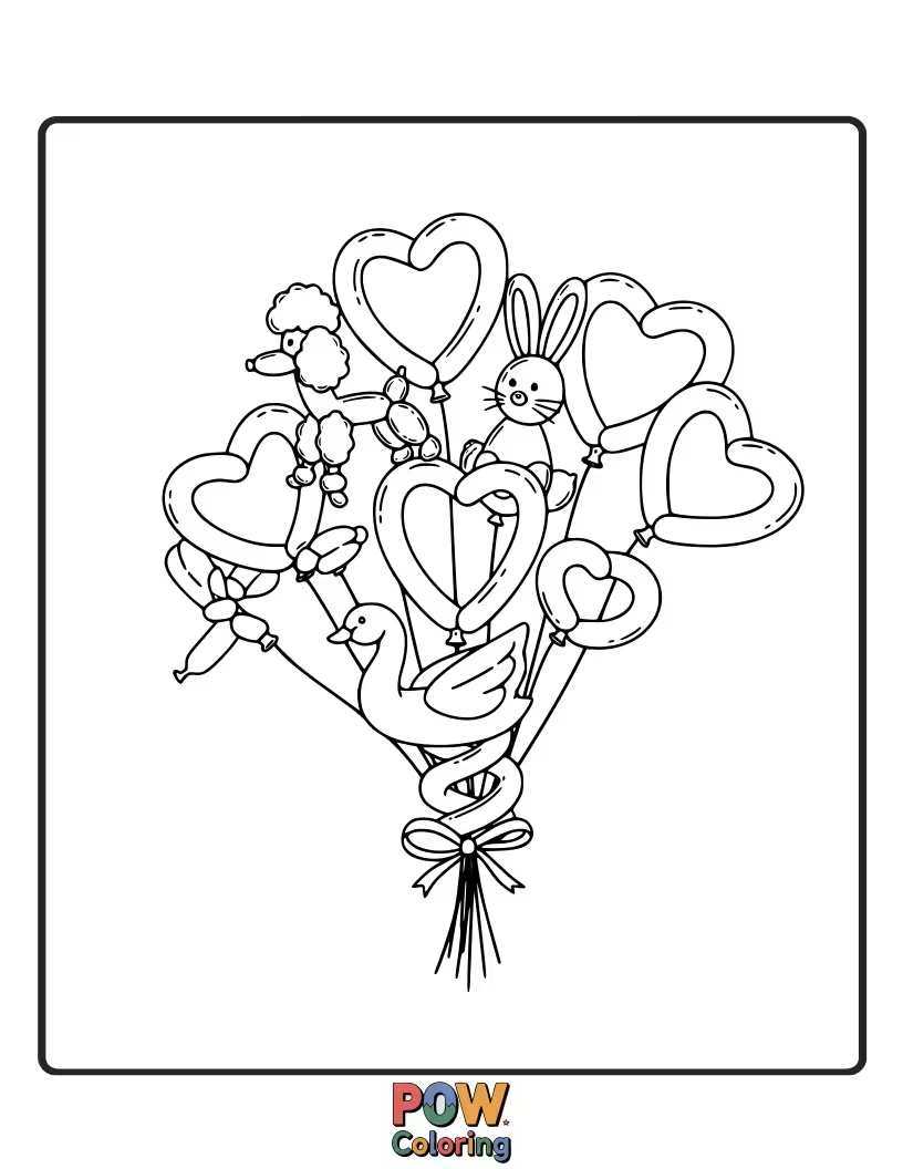 Free coloring page of Hearts cleverly shaped like popular balloon animals. Fun and playful.