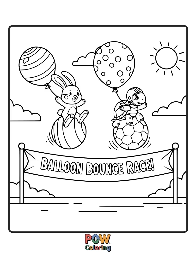 Free coloring page of Round, cheerful balloons are gently bouncing their way towards the finish line in a playful race.