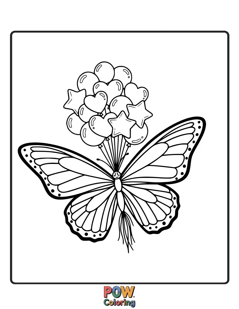 Free coloring page of A joyful butterfly with balloon-shaped wings, being lifted gently by a colorful bouquet of helium balloons. Up, up, away!