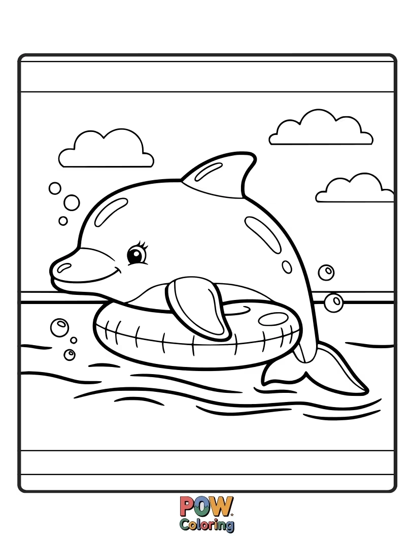 Free coloring page of This dolphin is gently floating upwards, holding onto a bunch of colorful balloons.