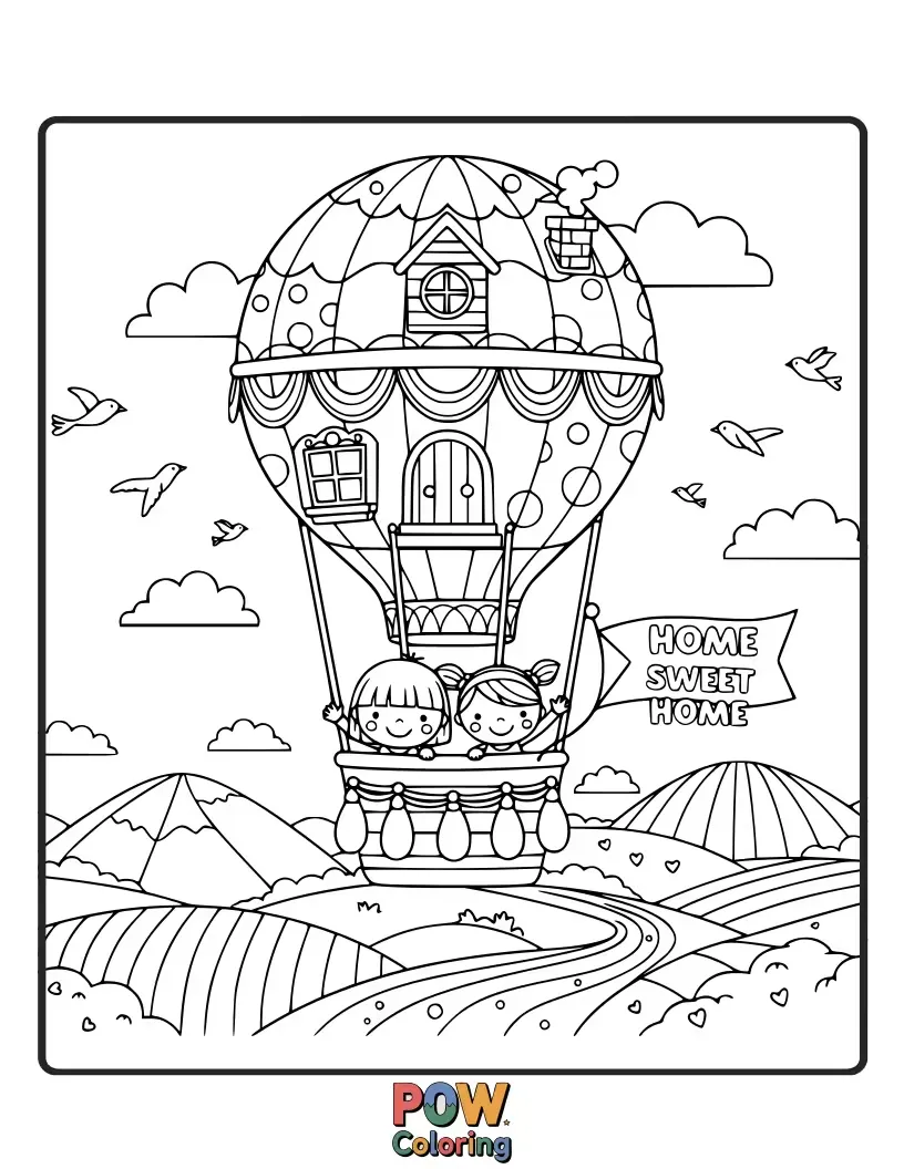 Free coloring page of A whimsical house lifted into the sky by a bunch of colorful balloons. A dreamy and uplifting escape.