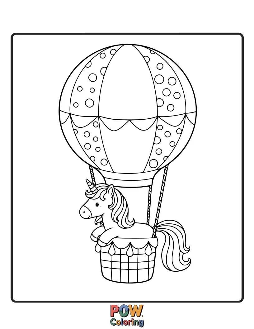 Free coloring page of Happy unicorn floating in the sky, holding onto a bunch of colorful balloons.