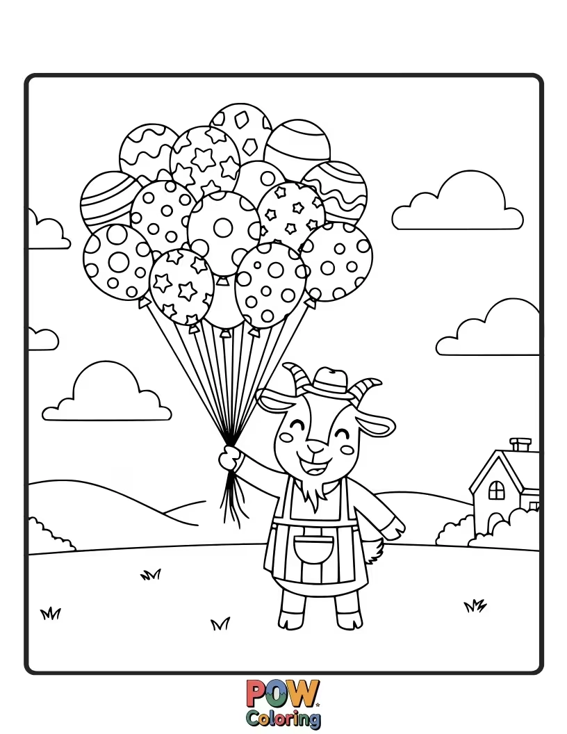 Free coloring page of A friendly goat holding a large bunch of colorful balloons, offering them to passersby with a warm smile.