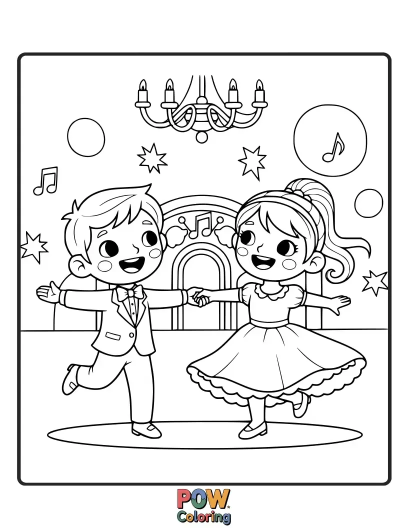 Free coloring page of Cinderella and Prince Charming twirling gracefully on the dance floor, lost in each other's eyes.