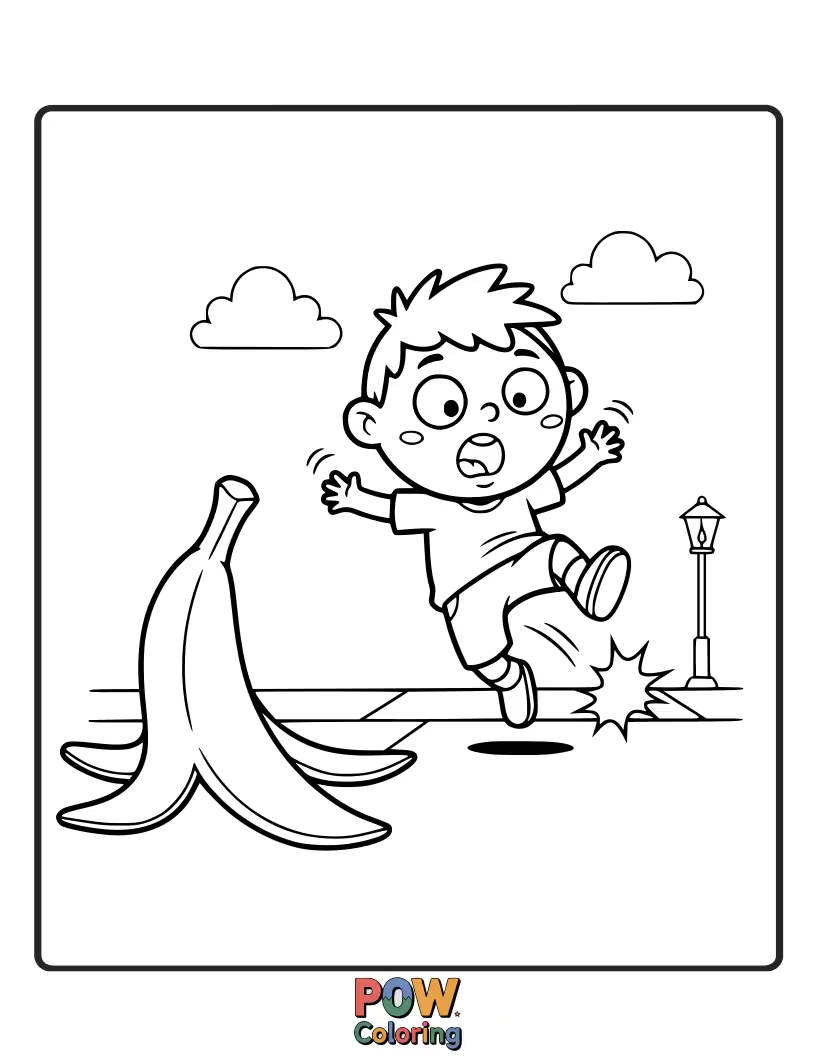 Free coloring page of A mischievous monkey has slipped on a banana peel and is tumbling with a comical expression. Prepare for laughter!