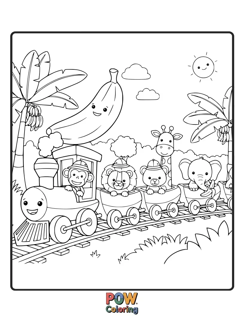 Free coloring page of A quirky train shaped like a giant banana, embarking on a wild jungle safari. Peel into a world of fun!