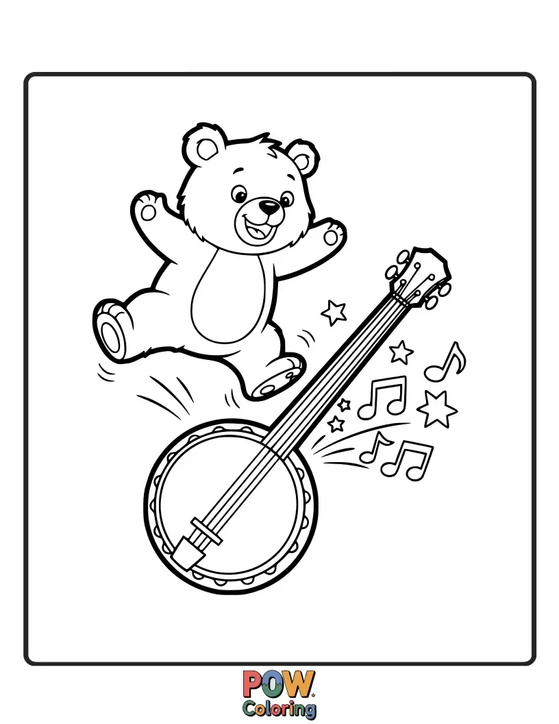 Free coloring page of A happy bear with a big smile strumming a banjo, ready for a country hoedown. Rustic, funny, and full of fun.