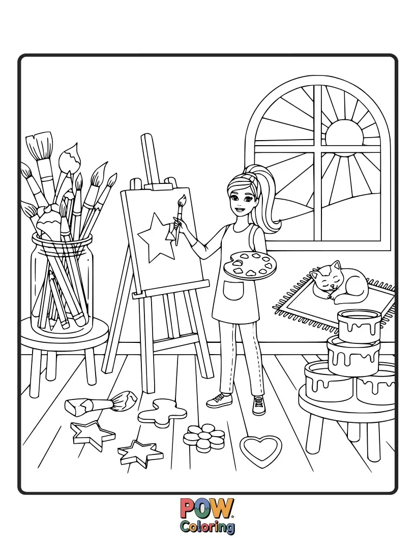 Free coloring page of Barbie, paint smudged on her nose, creates a masterpiece on a large canvas, surrounded by colorful paints.
