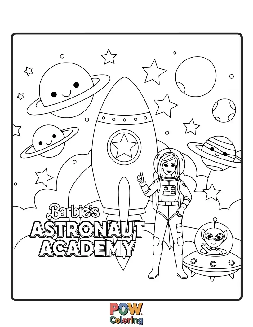 Free coloring page of Barbie wears a cool astronaut suit, practicing zero-gravity flips near a friendly alien and a sparkling spaceship.