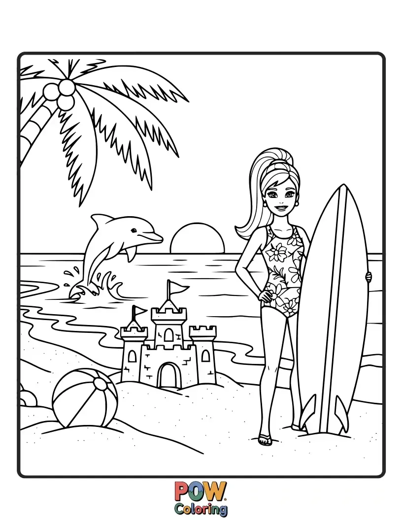 Free coloring page of Barbie surfs a giant wave, surrounded by playful dolphins and a bright, sunny beach scene with colorful beach toys.