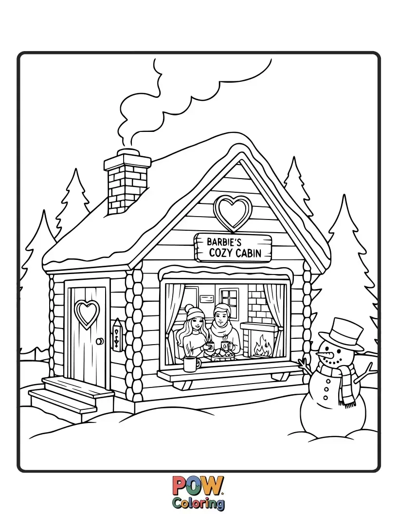 Free coloring page of Barbie sips hot chocolate by a roaring fire in a charming, snow-covered cabin, surrounded by festive decorations.