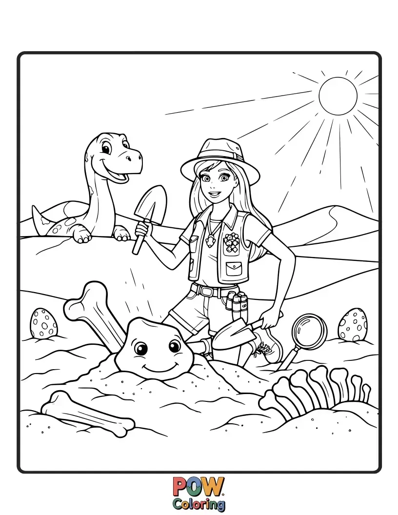 Free coloring page of Barbie, equipped with a magnifying glass, examines friendly, colorful baby dinosaurs in a prehistoric landscape.