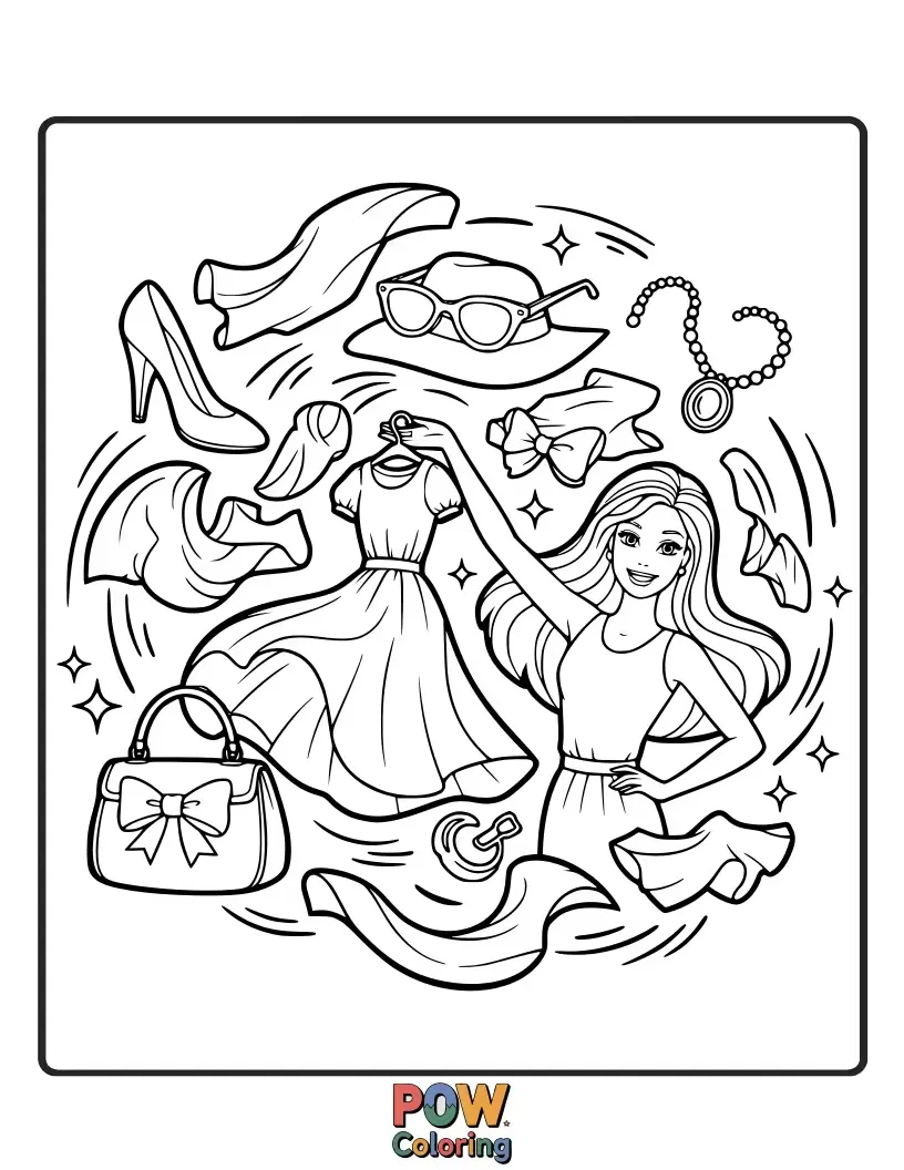 Free coloring page of Barbie is surrounded by an explosion of fabulous outfits, shoes, and accessories, designing her next iconic look.