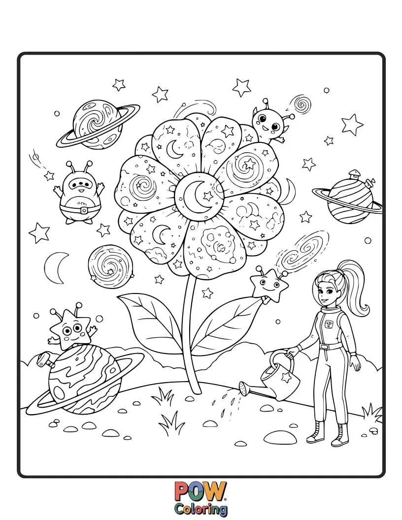 Free coloring page of Barbie tends to glowing, alien plants on a far-off planet, with twinkling stars in the background.