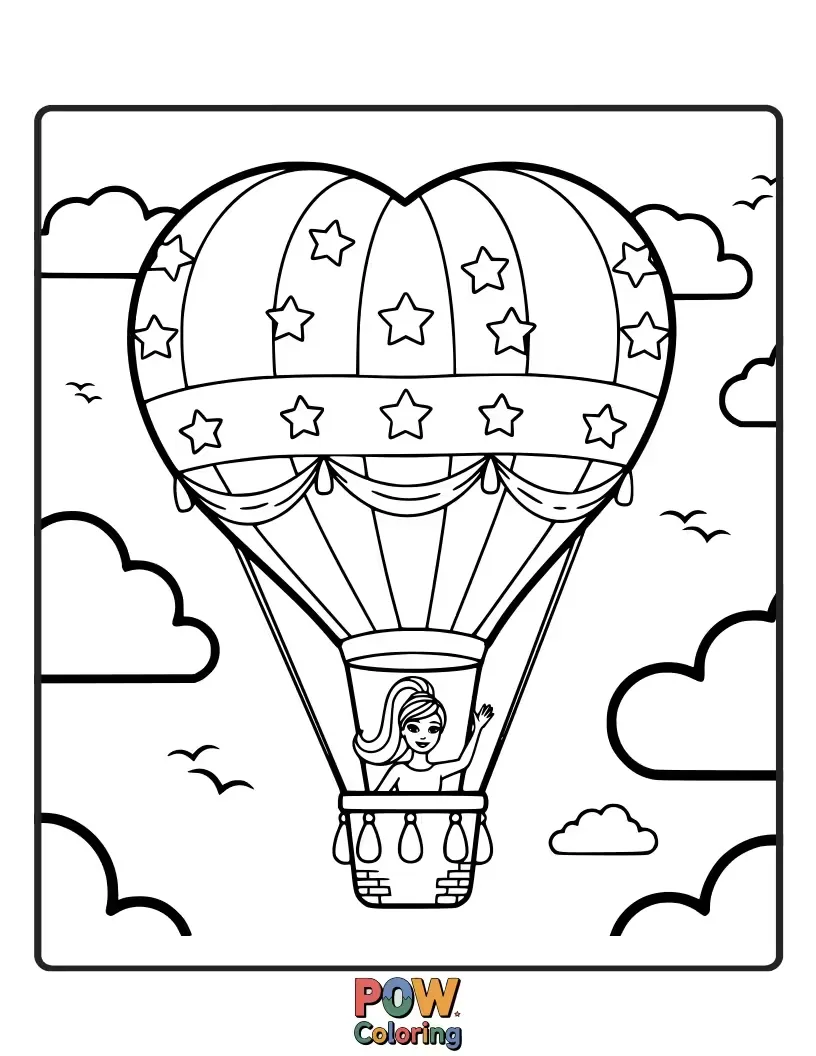 Free coloring page of Barbie floats serenely in a colorful hot air balloon, waving at fluffy clouds and happy birds below.