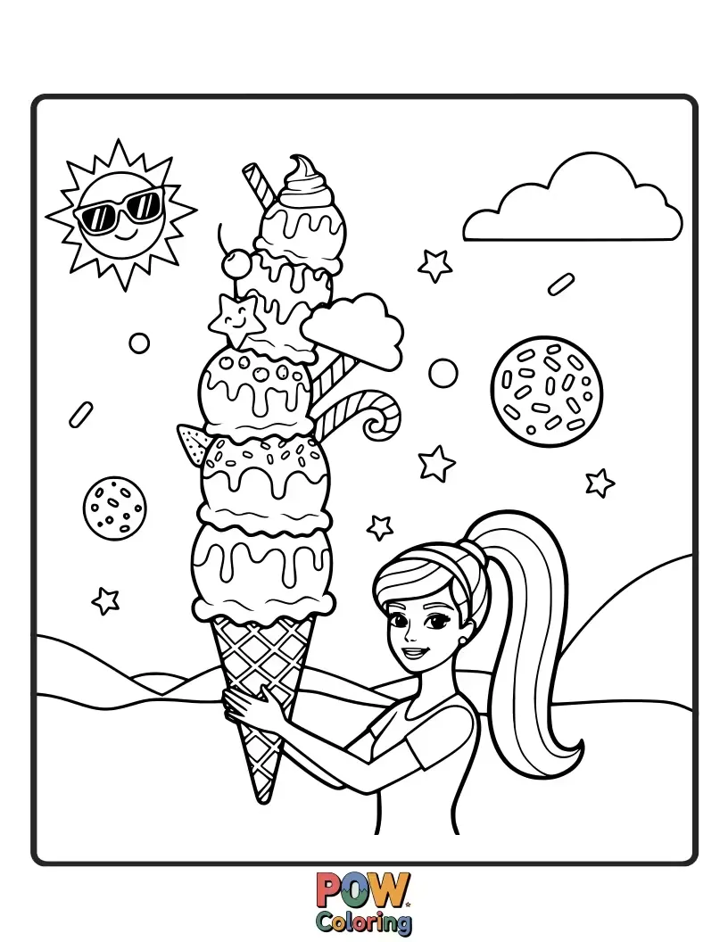 Free coloring page of Barbie creates an impossibly tall, colorful ice cream sundae, complete with cherries and whipped cream mountains.