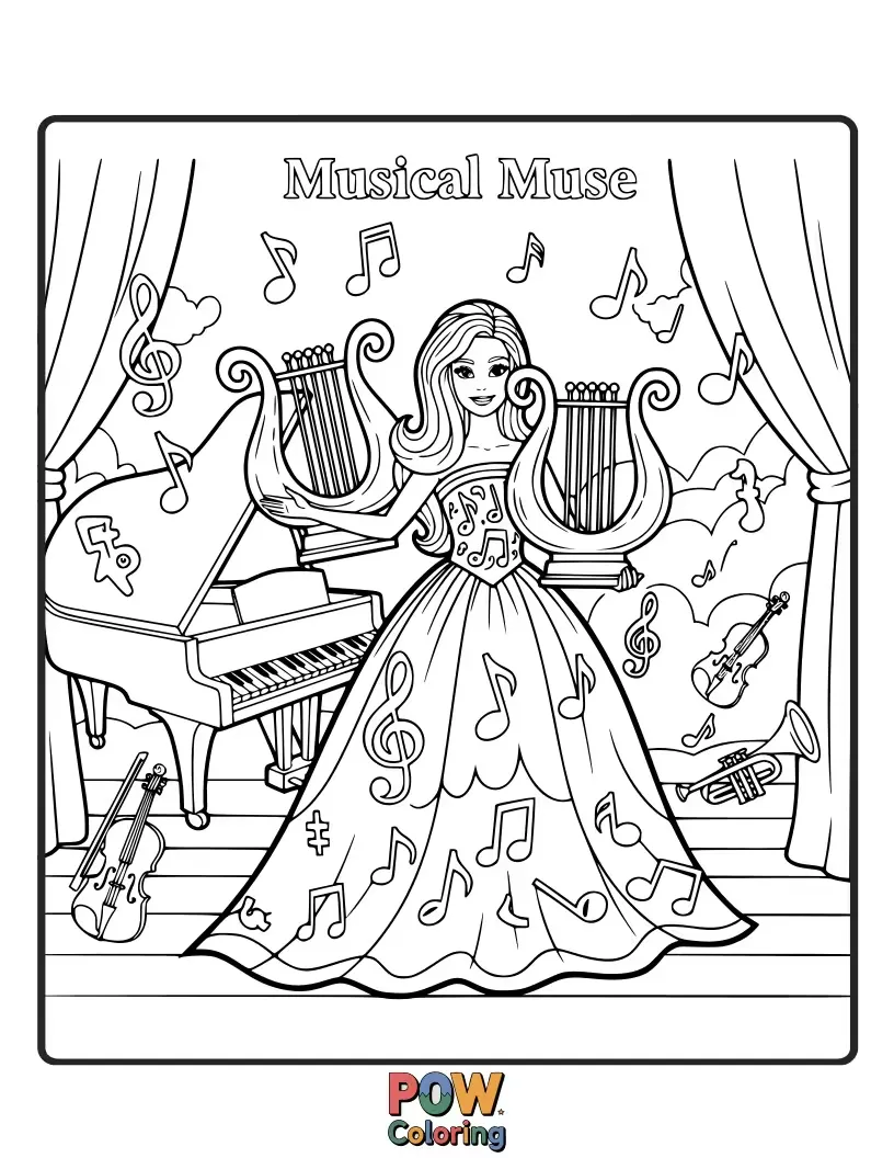 Free coloring page of Barbie plays a grand piano in a glamorous concert hall, with musical notes swirling around her like confetti.