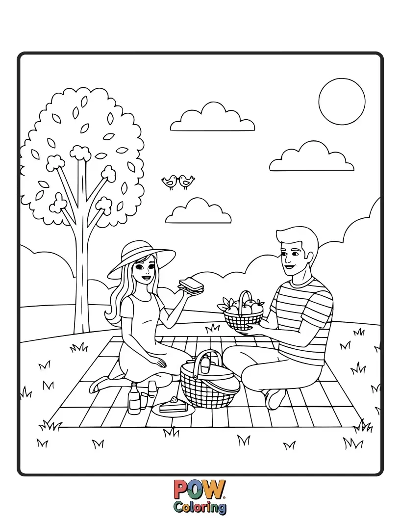 Free coloring page of Barbie enjoys a delightful picnic in a sun-dappled meadow, with a basket overflowing and butterfly friends fluttering by.