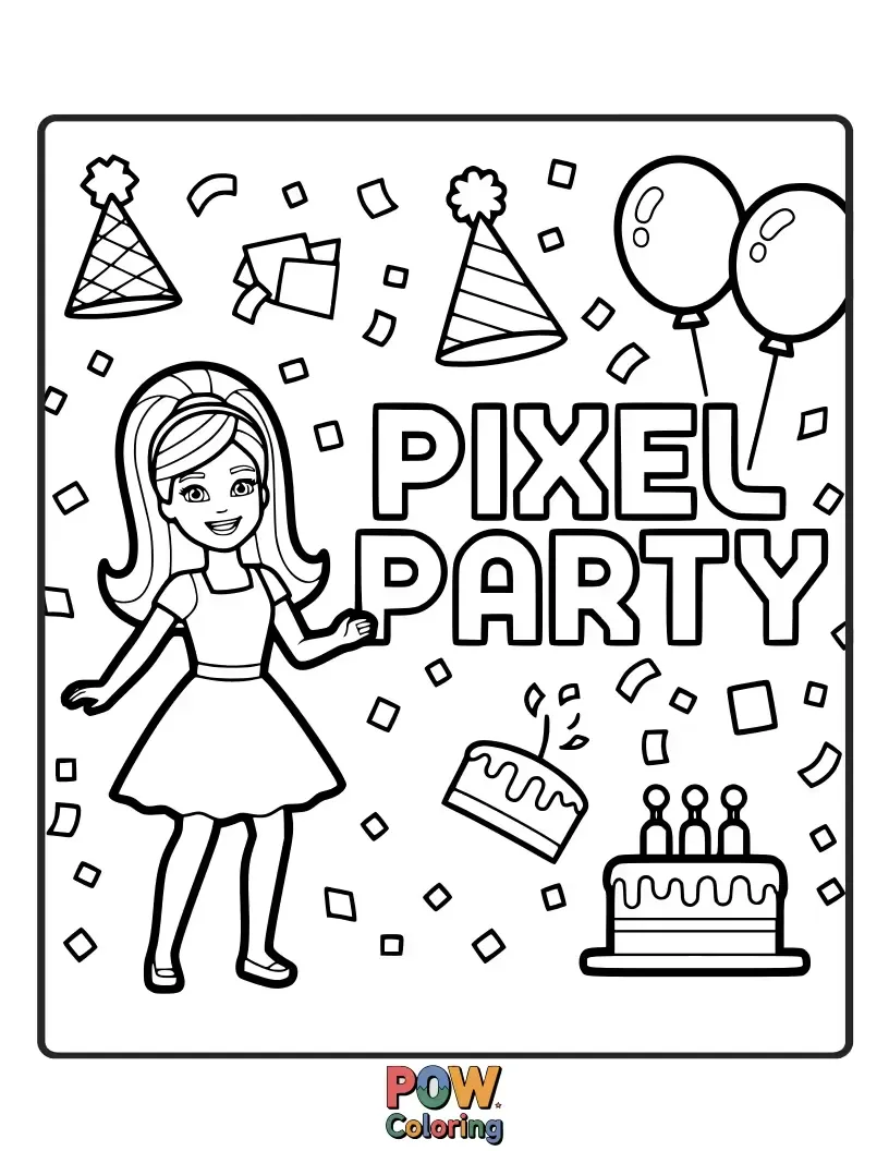 Free coloring page of Barbie is in a fun, pixelated world, playing a retro video game with cute, blocky characters.