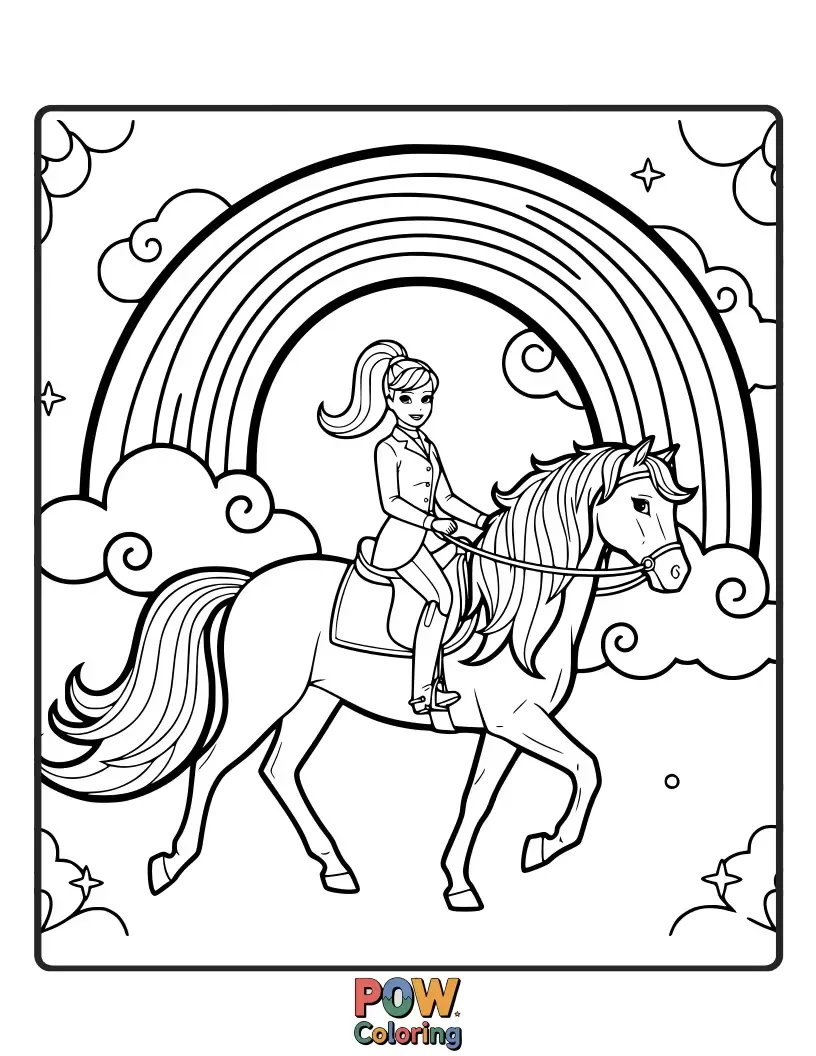 Free coloring page of Barbie rides a magnificent unicorn across a vibrant rainbow bridge, leaving a trail of glitter.