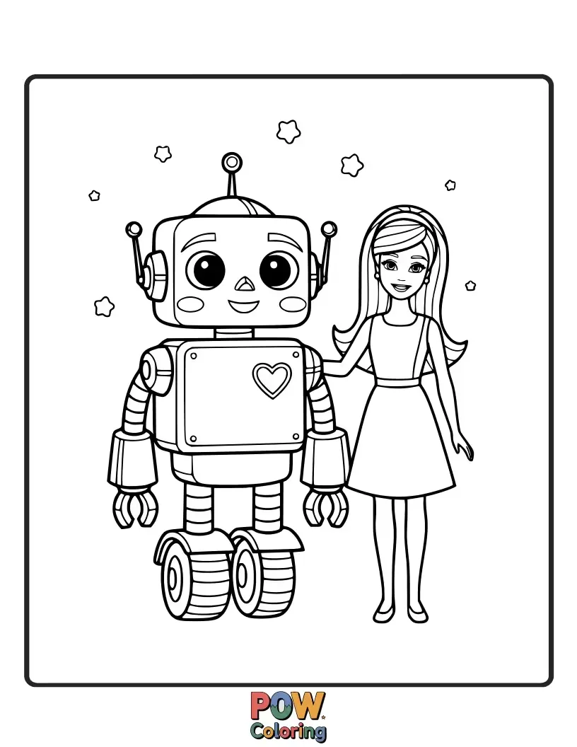 Free coloring page of Barbie helps her cute robot sidekick assemble a magnificent flying machine, ready for an adventure.