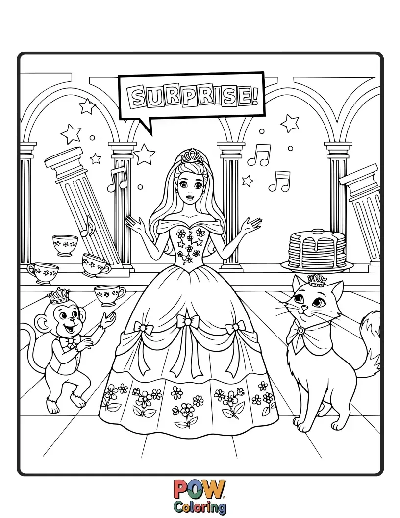 Free coloring page of Barbie discovers a hidden enchanted ballroom where fairy tale characters are having a whimsical, slightly chaotic dance party.