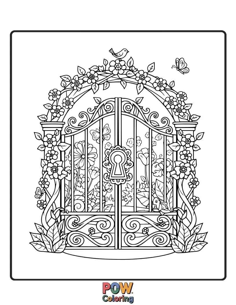 Free coloring page of Barbie discovers a hidden gate in an old stone wall, leading to a secret garden overflowing with whimsical flowers.