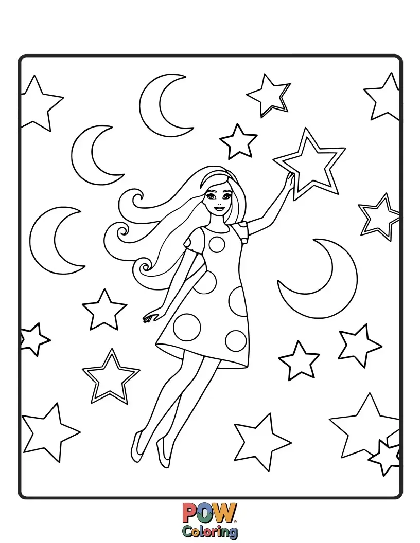 Free coloring page of Barbie floats among twinkling stars, dreaming of galaxies far, far away, with a friendly moon winking.