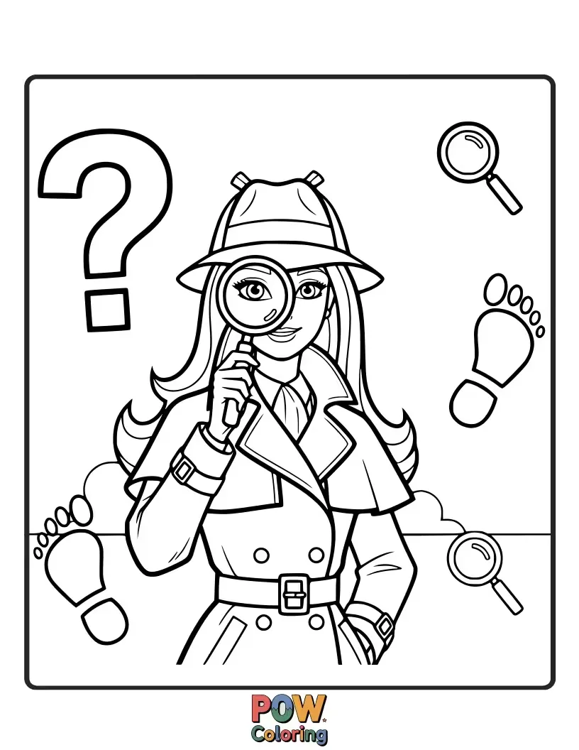 Free coloring page of Barbie, wearing a trench coat and magnifying glass, investigates a playful mystery with a quirky clue.