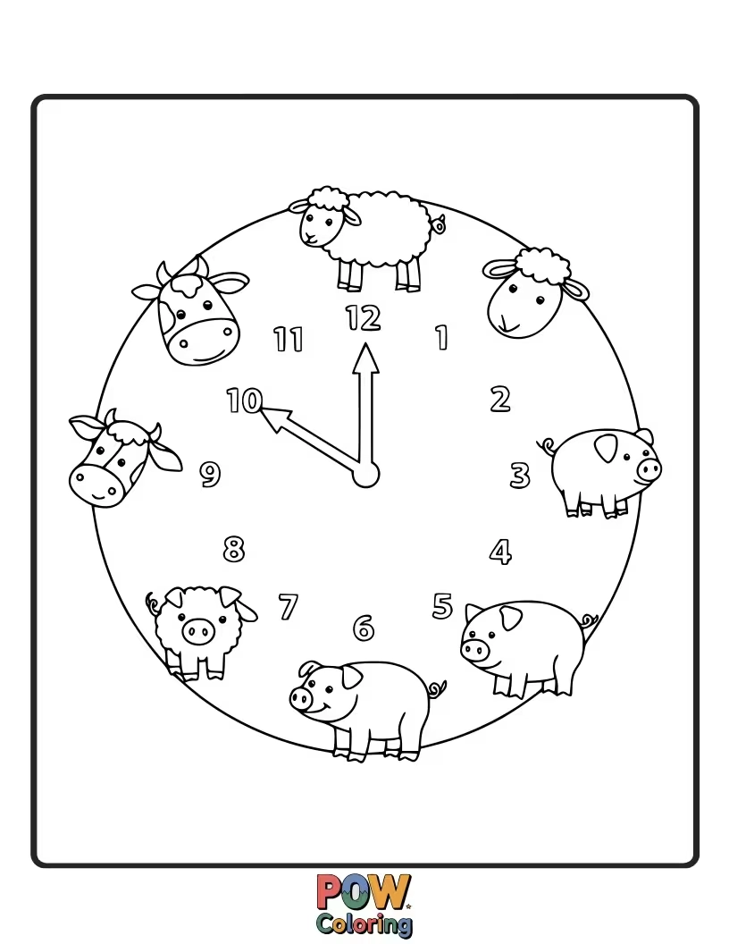 Free coloring page of A charming clock where each hour is marked by a different friendly farm animal.