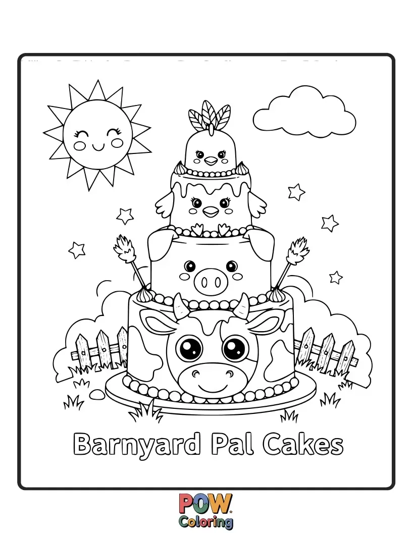 Free coloring page of Farm animal-shaped cakes like pigs, cows, and chickens, ready for a barnyard bash.