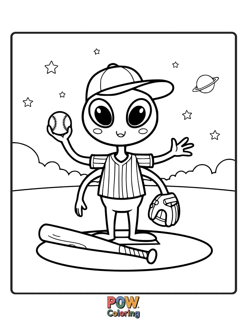 Free coloring page of A quirky alien with three eyes, enthusiastically pitching a glowing, otherworldly baseball towards a bewildered batter.